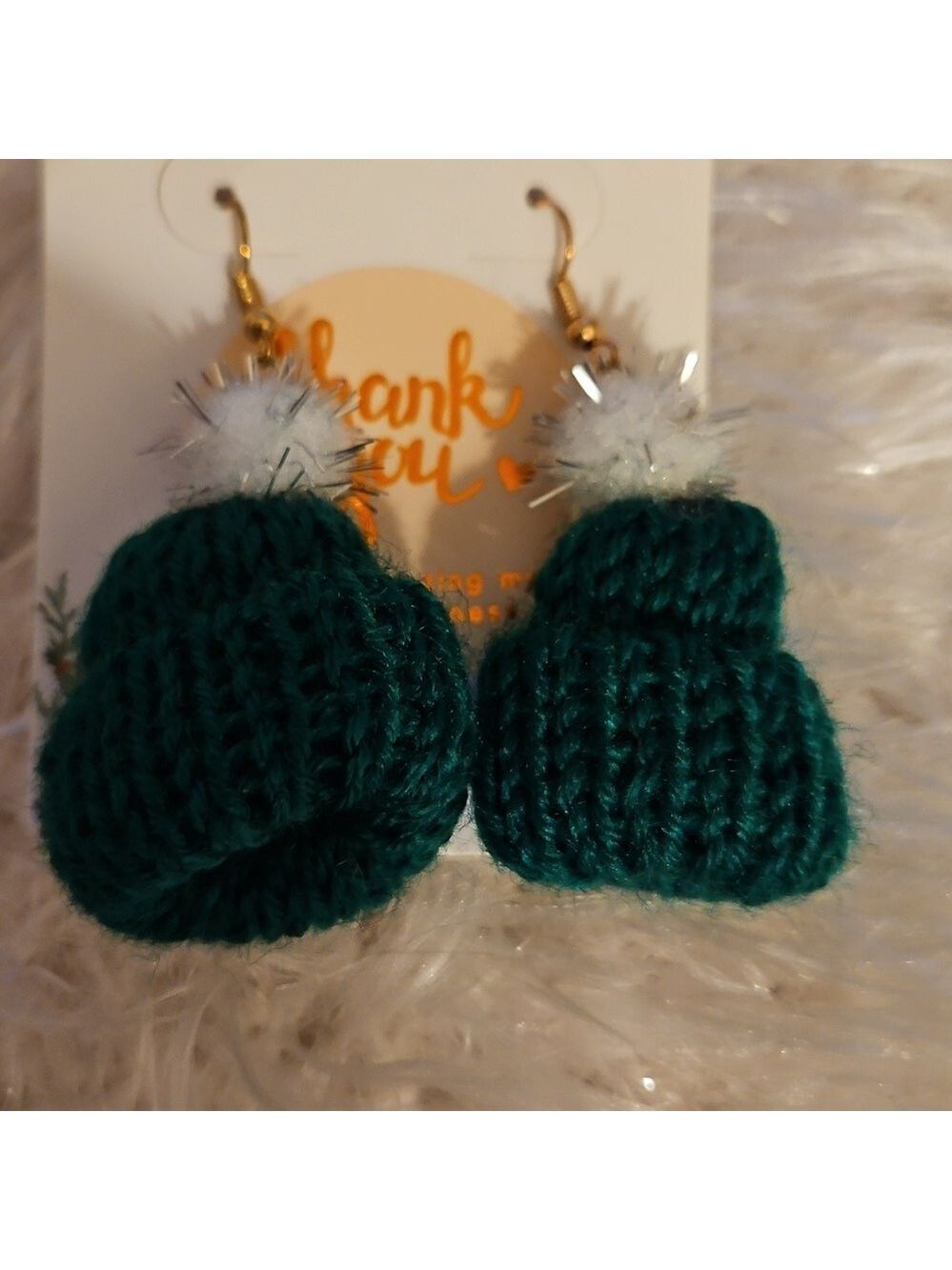 Handmade Jewelry Hand Knit Mini Christmas Hat Green white and silver pom-pom 2" - Picture 5 of 8